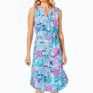 Lilly Pulitzer Blue Pink Floral Sleeveless Midi Dress